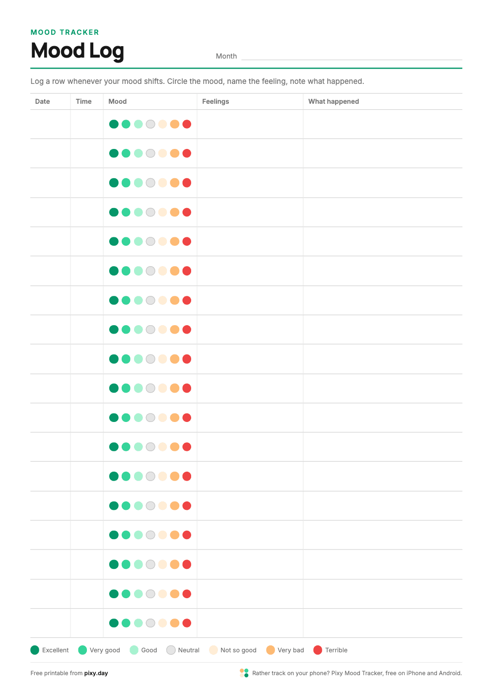 Preview of the Mood log printable, Pixy colors style
