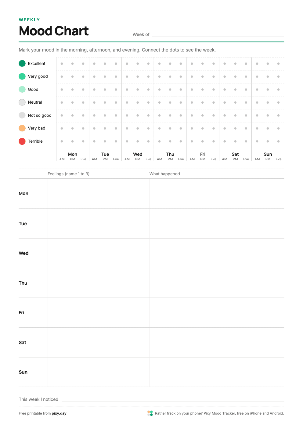 Preview of the Weekly mood chart printable, Pixy colors style
